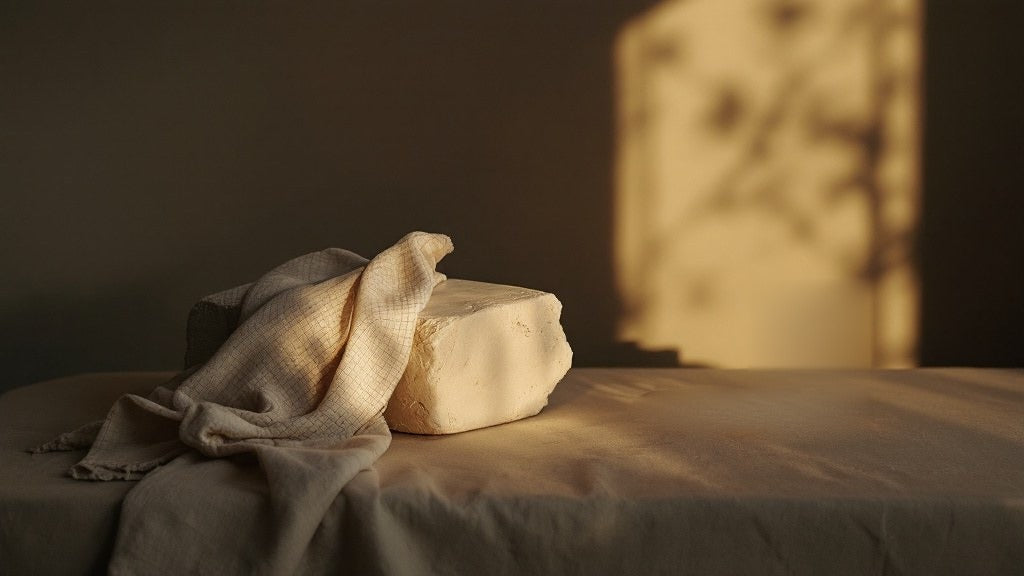 A dim room with a folded cloth and a pale block on a table, and a band of light on the wall