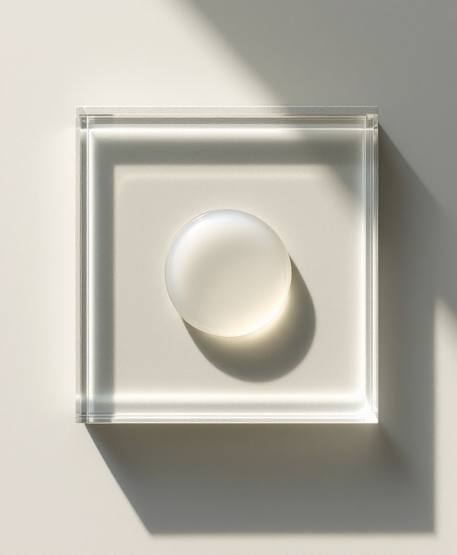 A round pool of clear gel on a thick square glass plate, seen from above