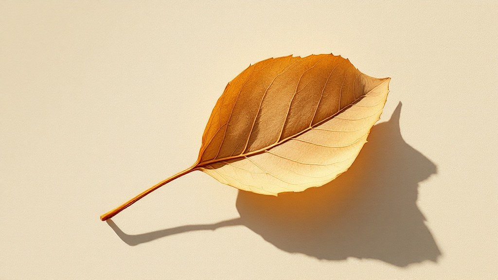 A single dried leaf casting a shadow on cream paper
