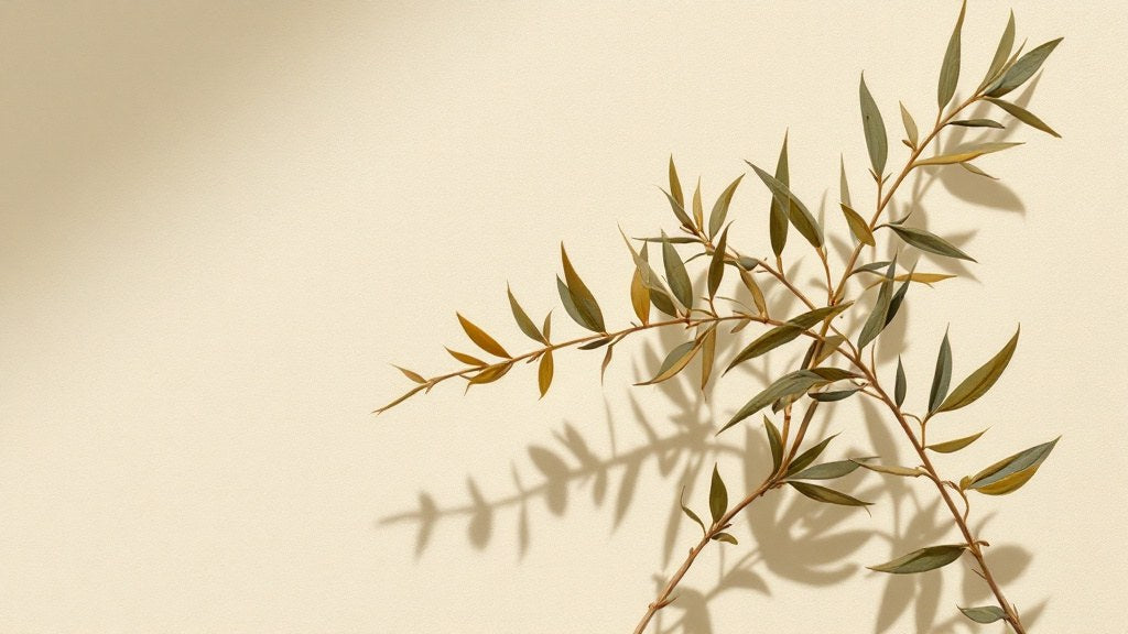 A leafy sprig and its shadow on cream paper