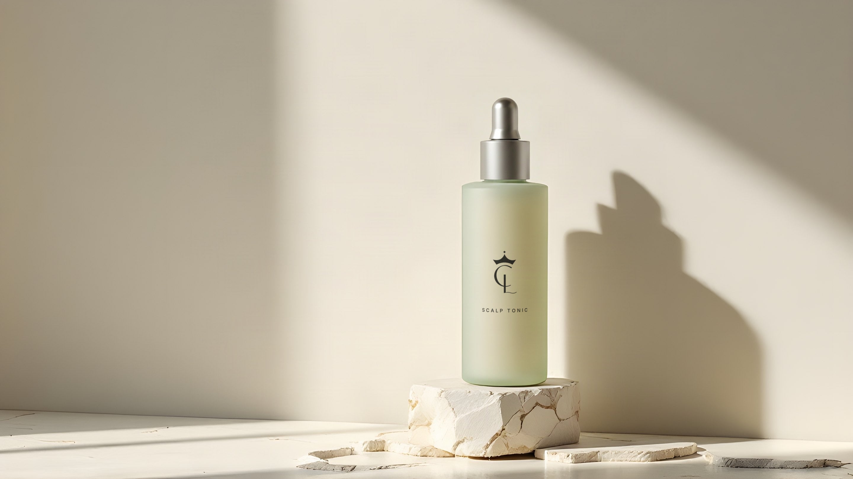 The Scalp Tonic, a slim frosted sage dropper bottle with a matte silver dropper, on a block of rough travertine in warm side light.