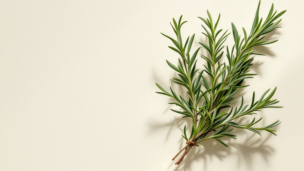 Rosemary sprigs in low sunlight against a cream wall