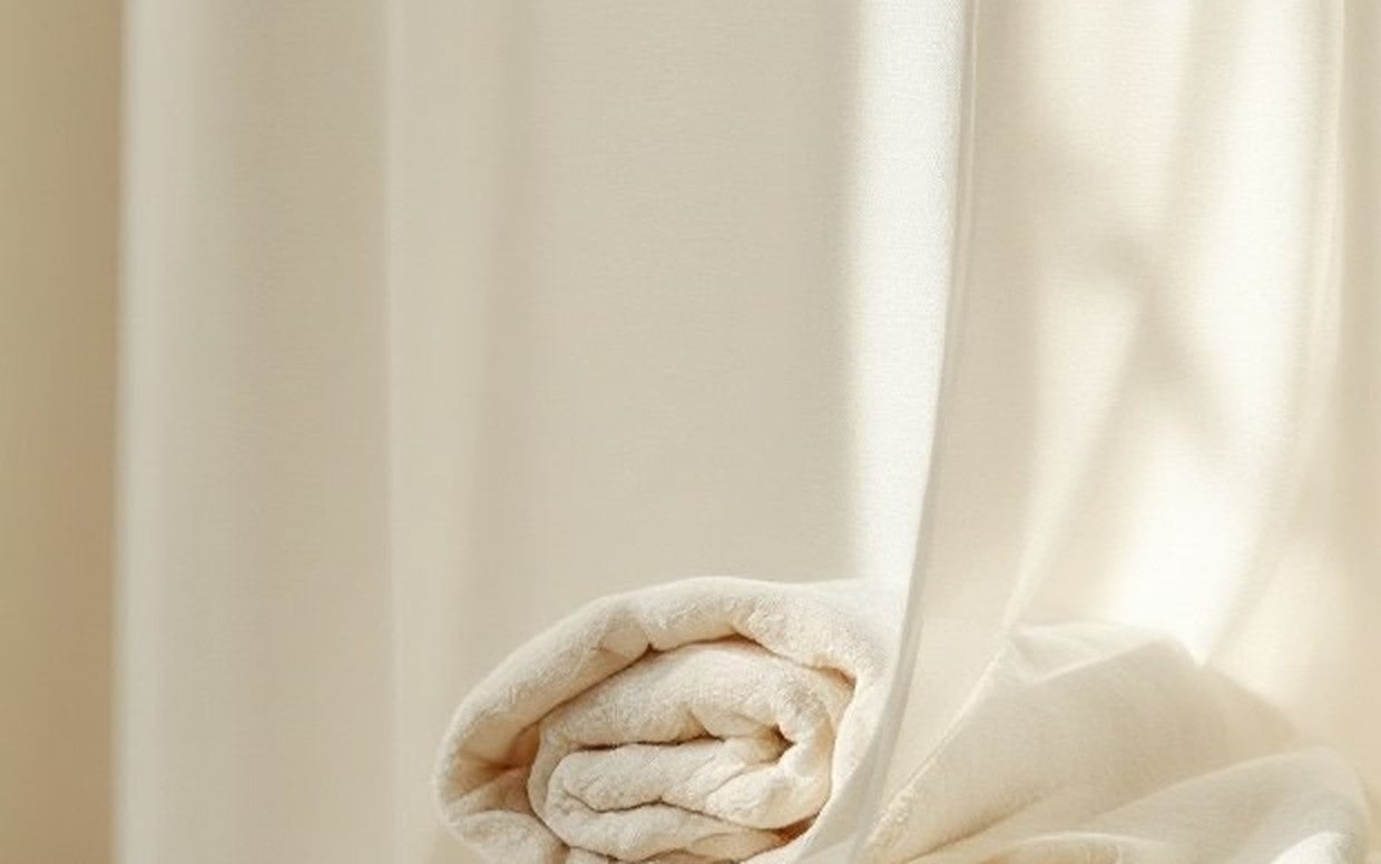 Folded towels and a sheer curtain in soft window light